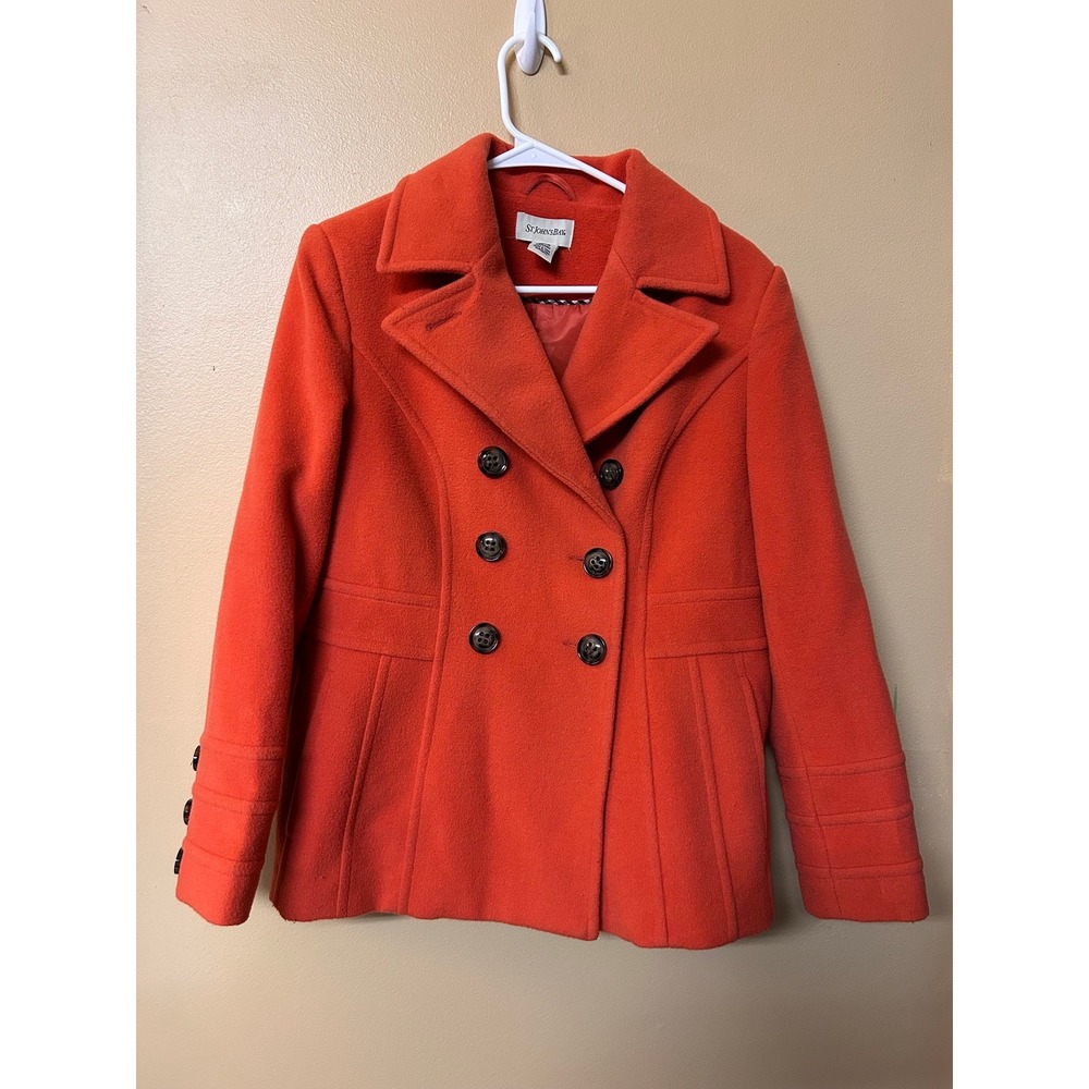 St Johns Bay Orange Double Breasted Peacoat Petite Medium PM Martingale Belt